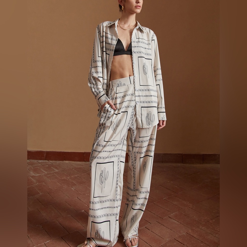 Satin Cactus Print Pants Set NWT